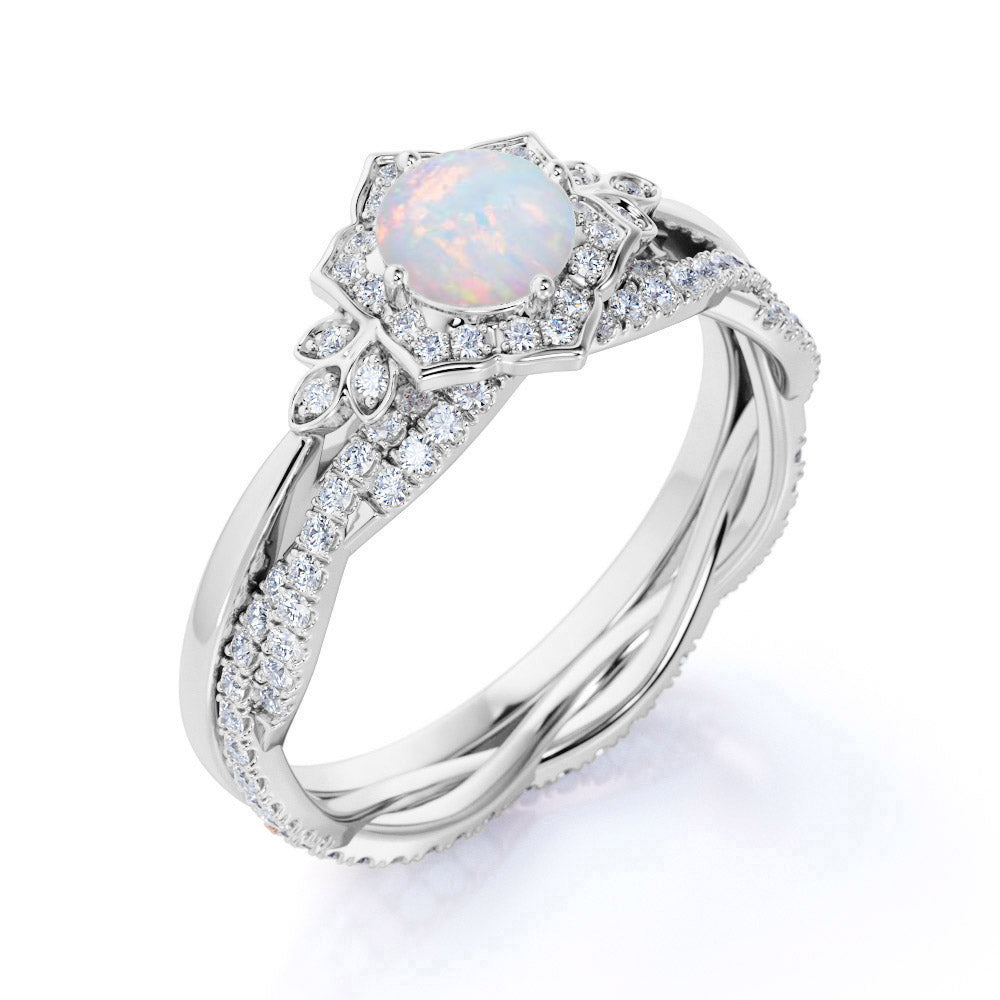 JeenMata 1.75 ct Genuine Round Blue Opal and Moissanite Bridal Ring Set in 18K White Gold over Silver