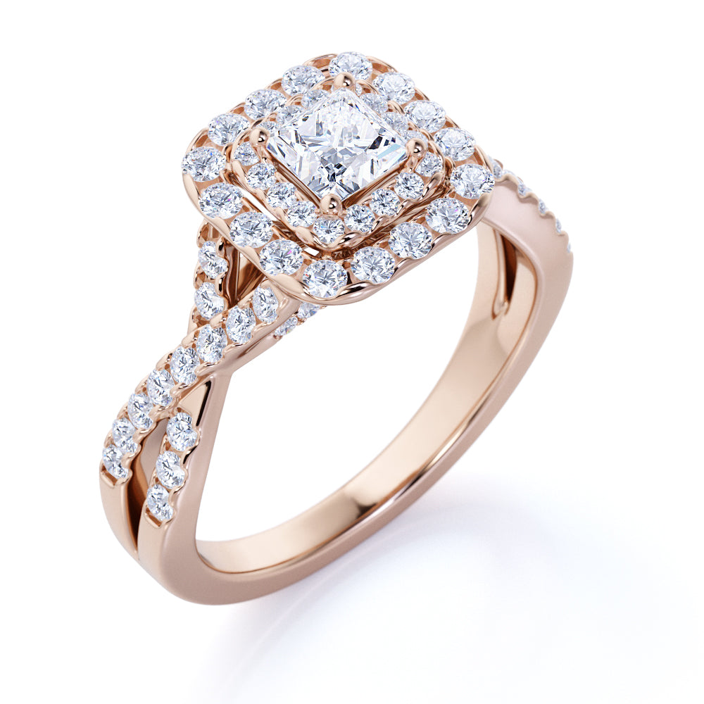 0.50 Carat - Square Cut Diamond - Twisted Band - Pave - Double Halo Engagement Ring - 10K White Gold