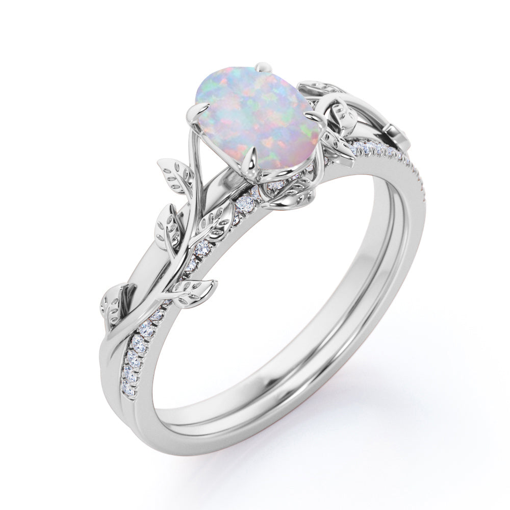 JeenMata Prong Setting 1.5 Carat Ovate Rainbow Opal and Moissanite Leaf Design Wedding Ring Set in 18K Black Gold Plating over Silver