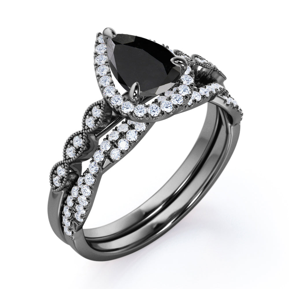 Art Deco 1.5 Carat Pear Cut Moissanite Wedding Ring Set