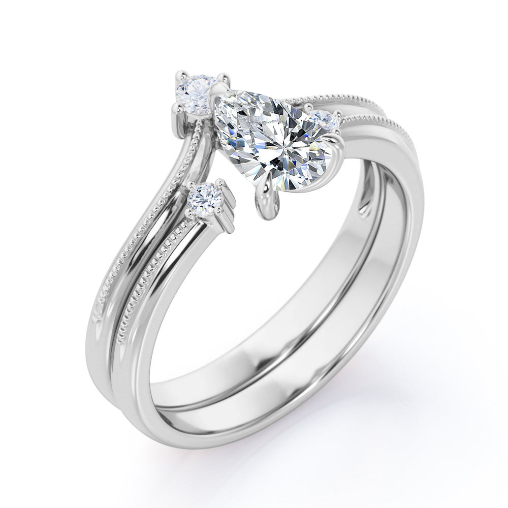 1 Carat Teardrop Moissanite V Shaped Wedding Ring Set