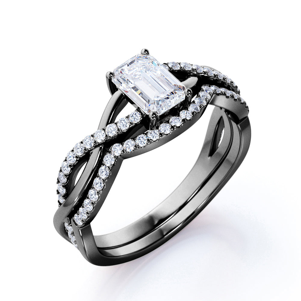 Three Stone 1.50 Carat Emerald Cut Moissanite Bridal Set