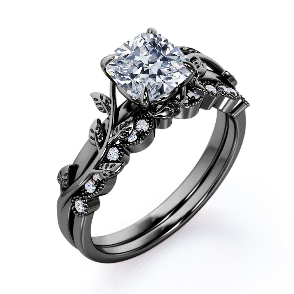 Floral 1.25 Carat Cushion Cut Moissanite Vintage Bridal Set