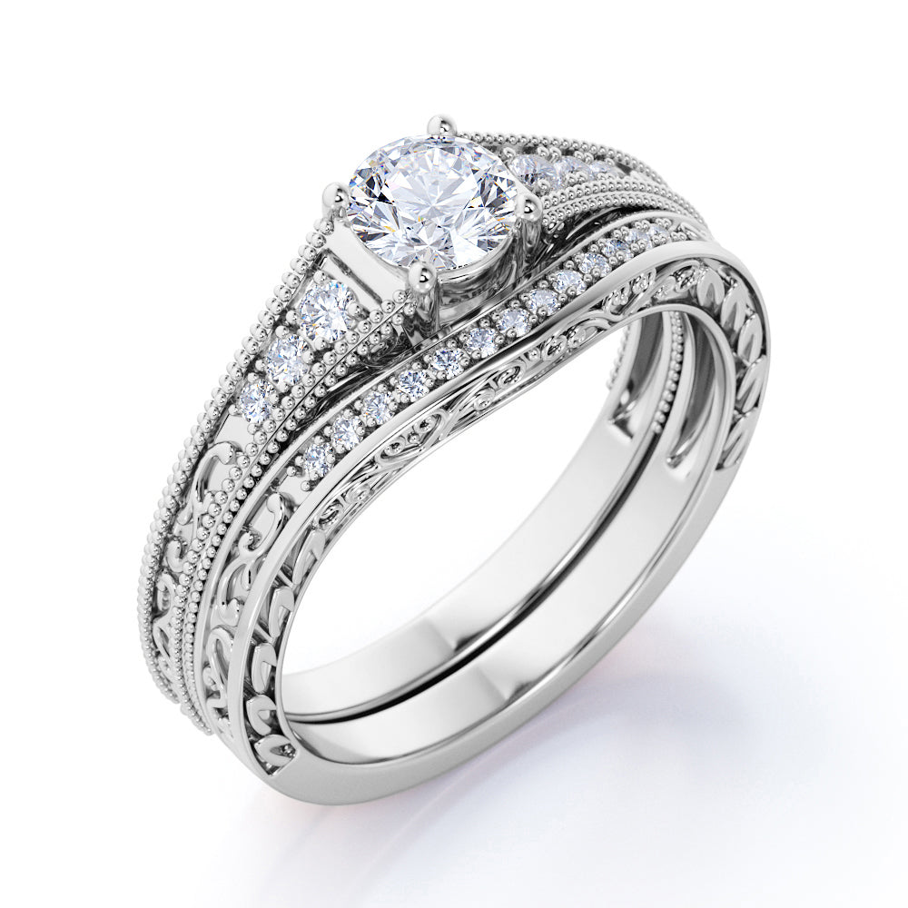 Certified 1.5 CT Round Lab Diamond Vintage Milgrain Bridal Set