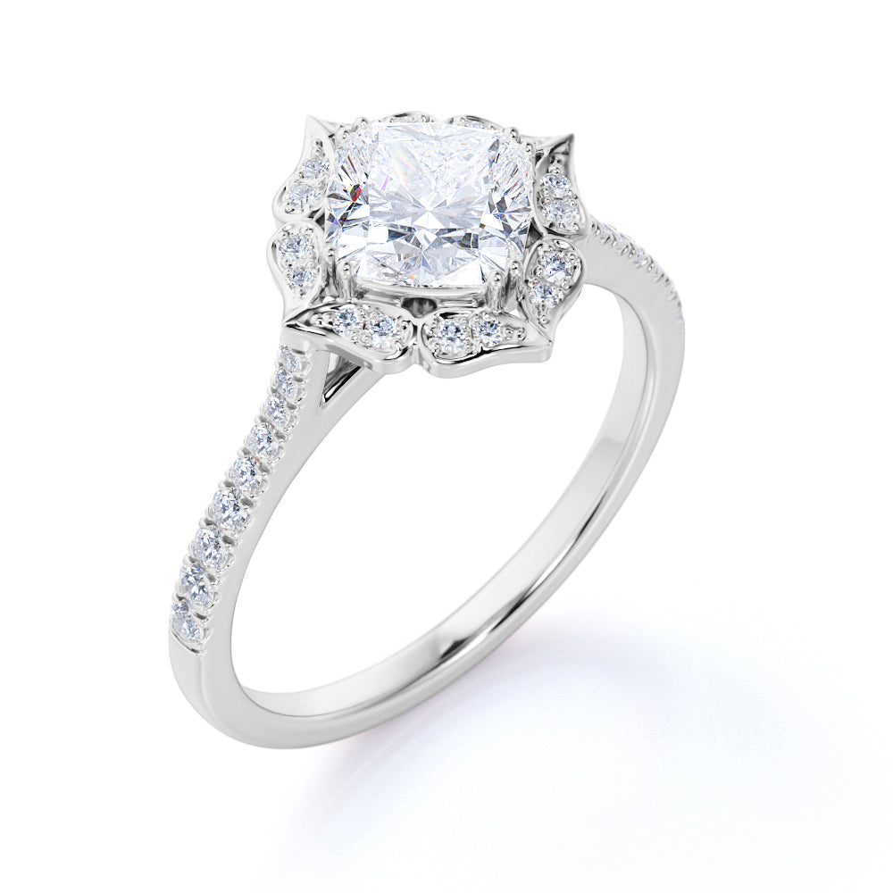 1.25 Carat Cushion Cut Moissanite Floral Engagement Ring