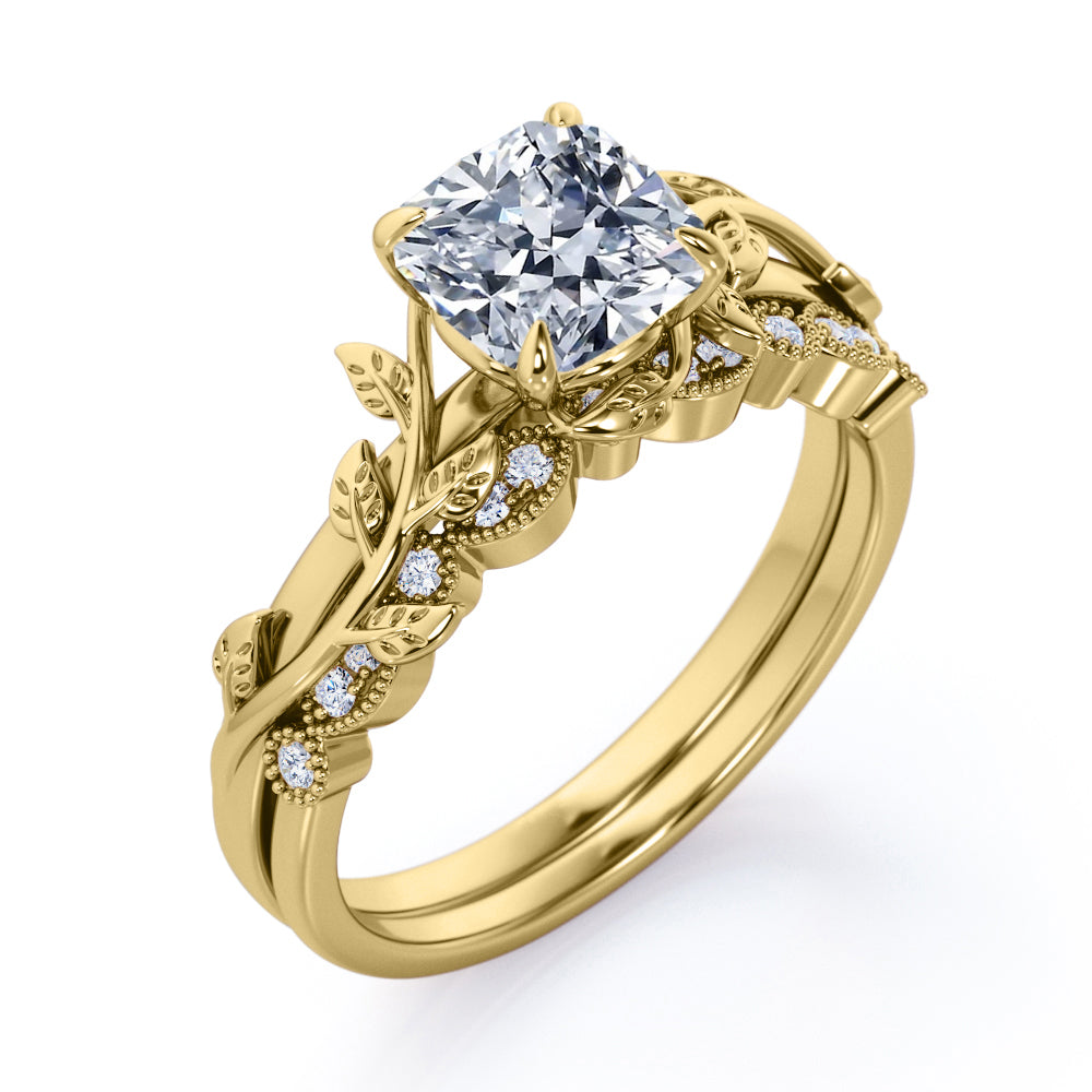 Floral 1.25 Carat Cushion Cut Moissanite Vintage Bridal Set