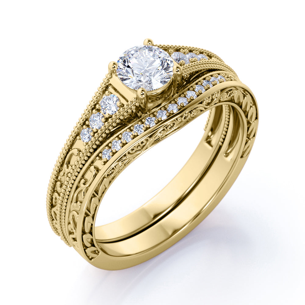 Certified 1.5 CT Round Lab Diamond Vintage Milgrain Bridal Set