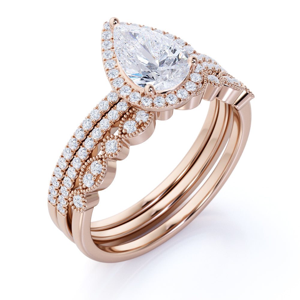 Pave 2 Carat Pear Cut Moissanite Halo Trio Set