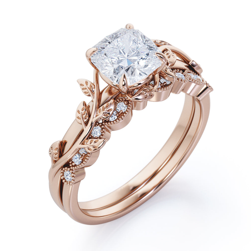 Floral 1.25 Carat Cushion Cut Moissanite Vintage Bridal Set