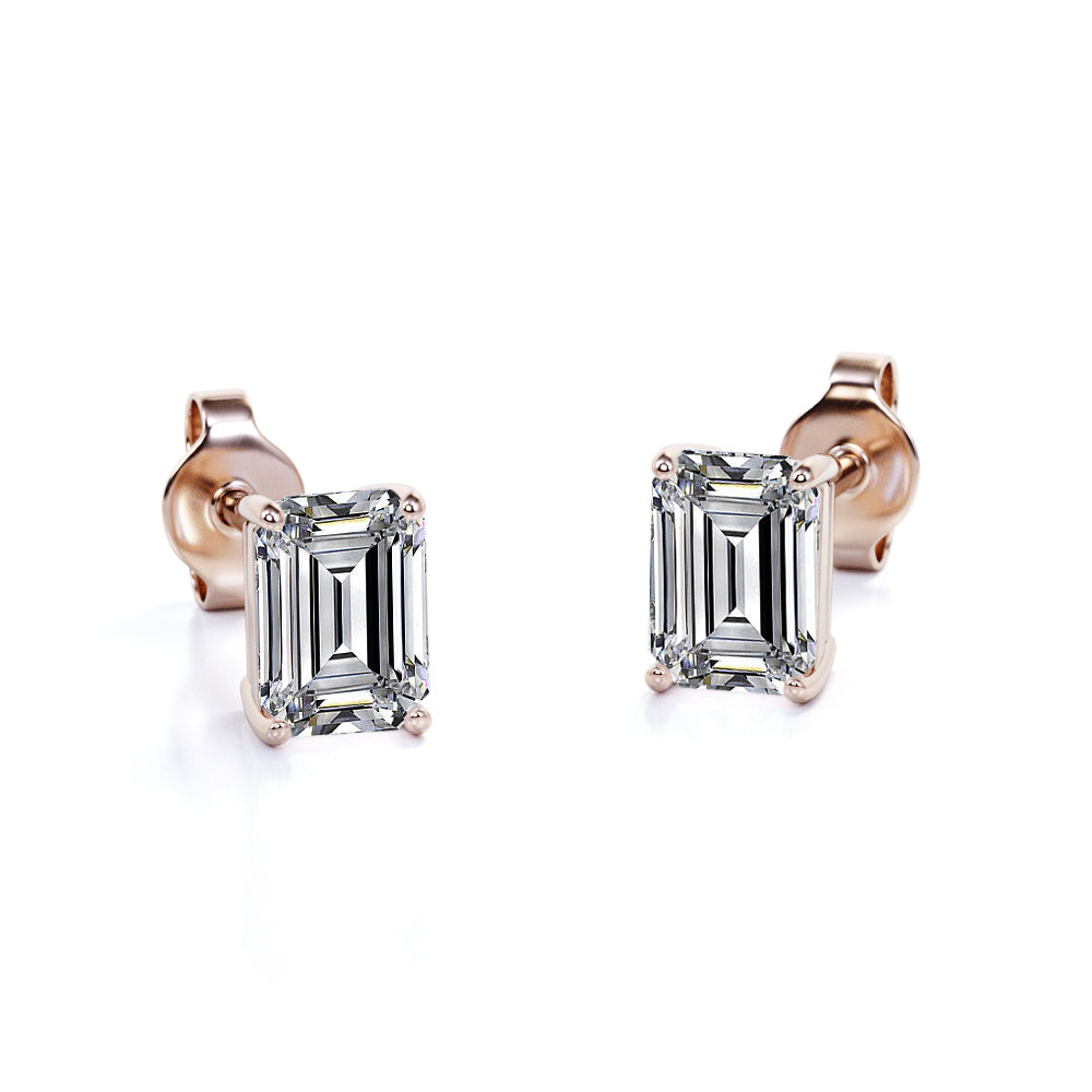 Minimalist 4 Carat Emerald Cut Moissanite Solitaire Stud Earrings In 18K White Gold Plating Over Silver