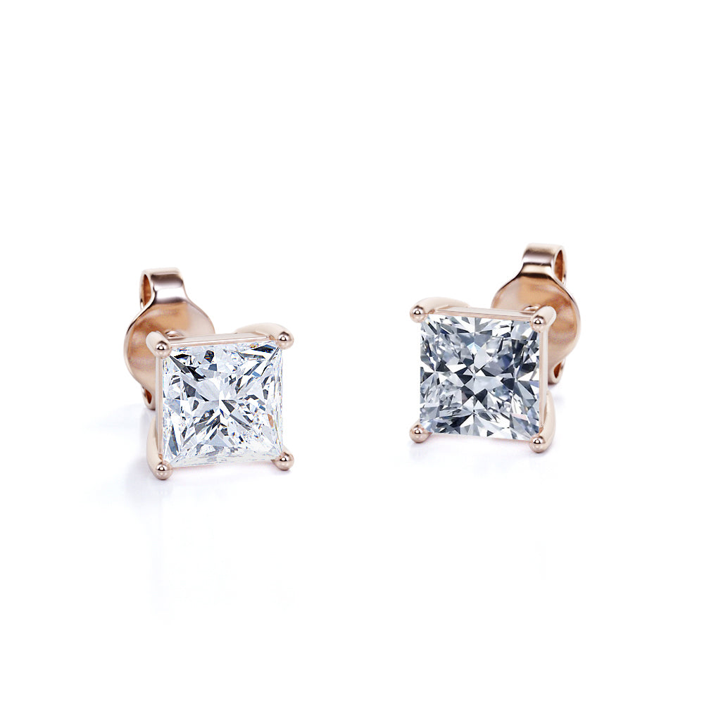 Jeenmata 2 Carat Princess Cut Moissanite 4 Prong Solitaire Stud Earrings In 18K Rose Gold Plating Over Silver