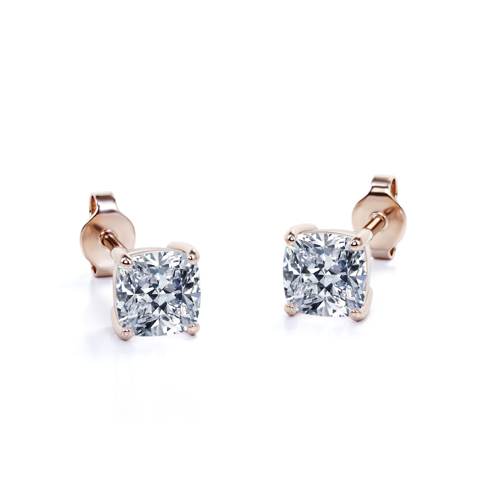 JeenMata 2 Carat Cushion Cut Moissanite 4 Prong Solitaire Stud Earrings in 18k Yellow Gold Plating for Women