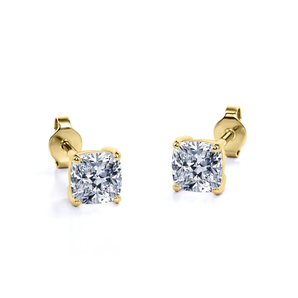 JeenMata 4 Prong - 1 Carat Cushion Cut Moissanite - Solitaire Stud Earrings in 18k Yellow Gold Plating for Women