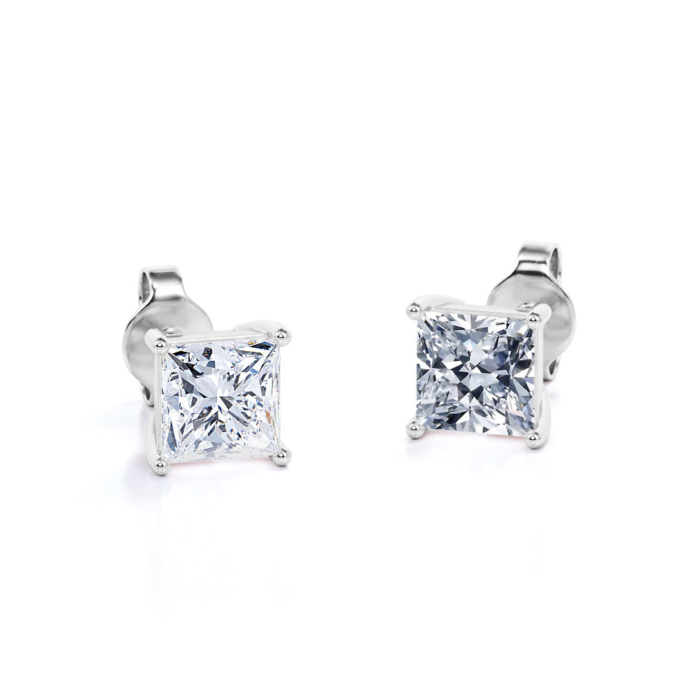 Jeenmata 2 Carat Princess Cut Moissanite 4 Prong Solitaire Stud Earrings In 18K Rose Gold Plating Over Silver