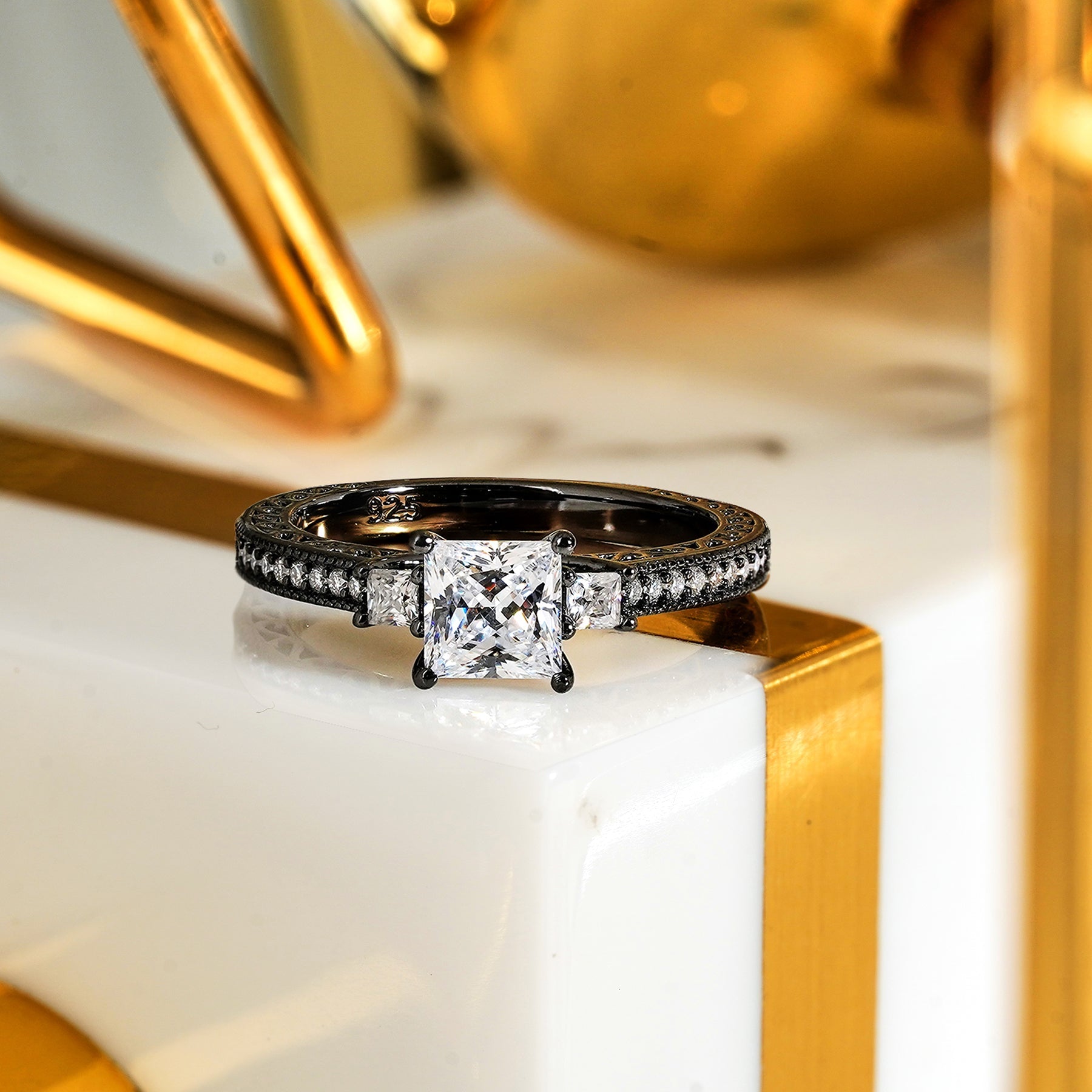 1 ct Princess Cut Moissanite Three Stone Engagement Ring