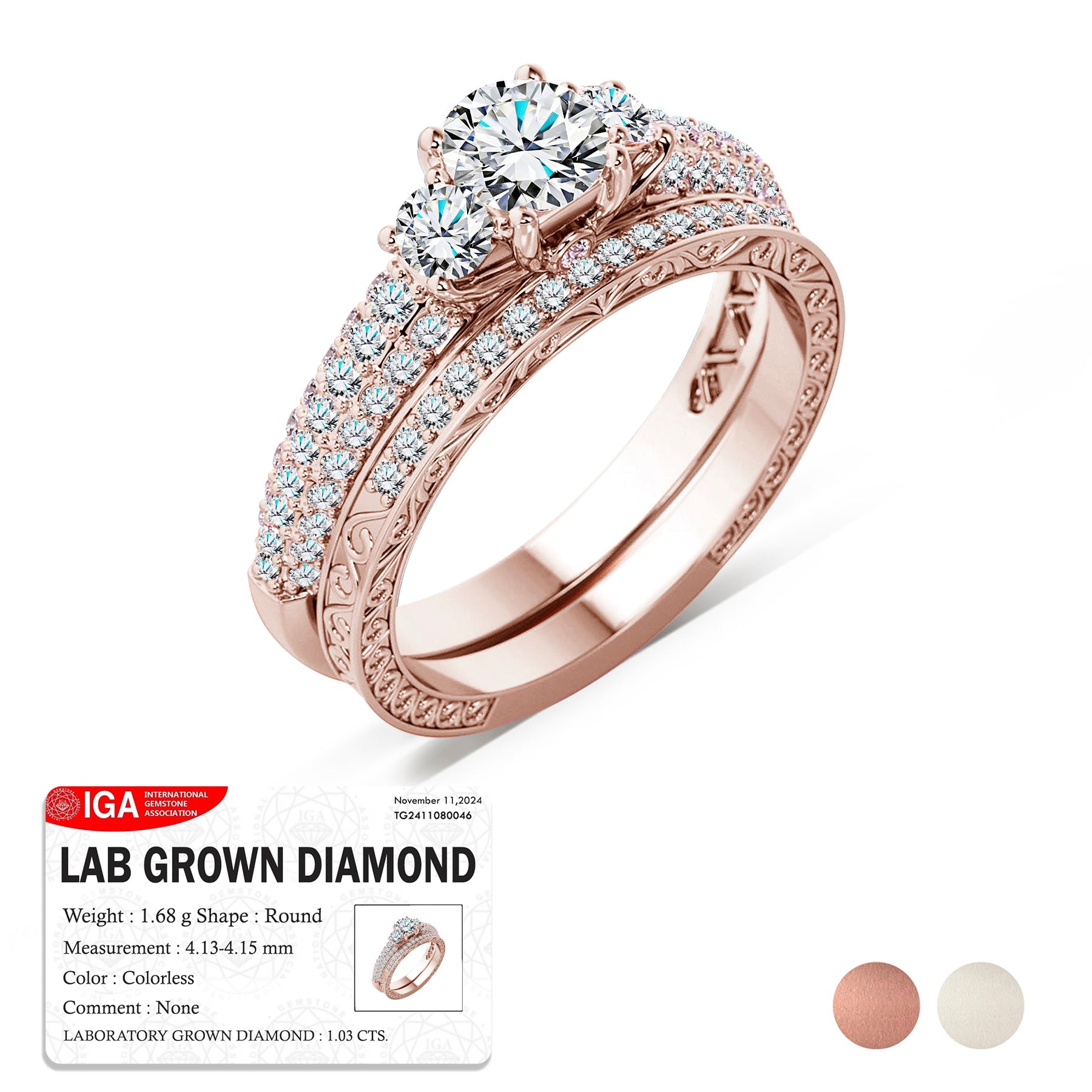 JeenMata 1.25 Carat Round Brilliant Cut Lab Grown Three Stones Diamond - Vintage Design Wedding Ring Set in 18K White Gold Plating for Women