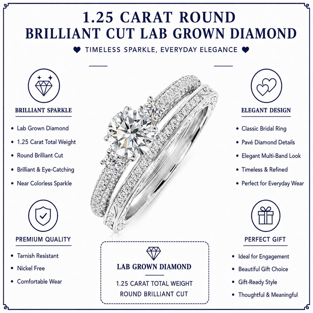 JeenMata 1.25 Carat Round Brilliant Cut Lab Grown Three Stones Diamond - Vintage Design Wedding Ring Set in 18K White Gold Plating for Women
