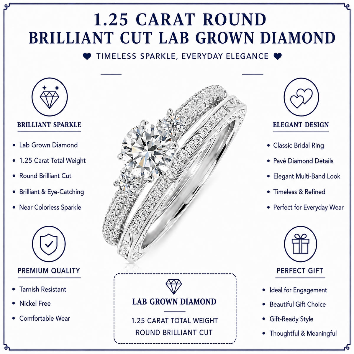 JeenMata 1.25 Carat Round Brilliant Cut Lab Grown Three Stones Diamond - Vintage Design Wedding Ring Set in 18K White Gold Plating for Women