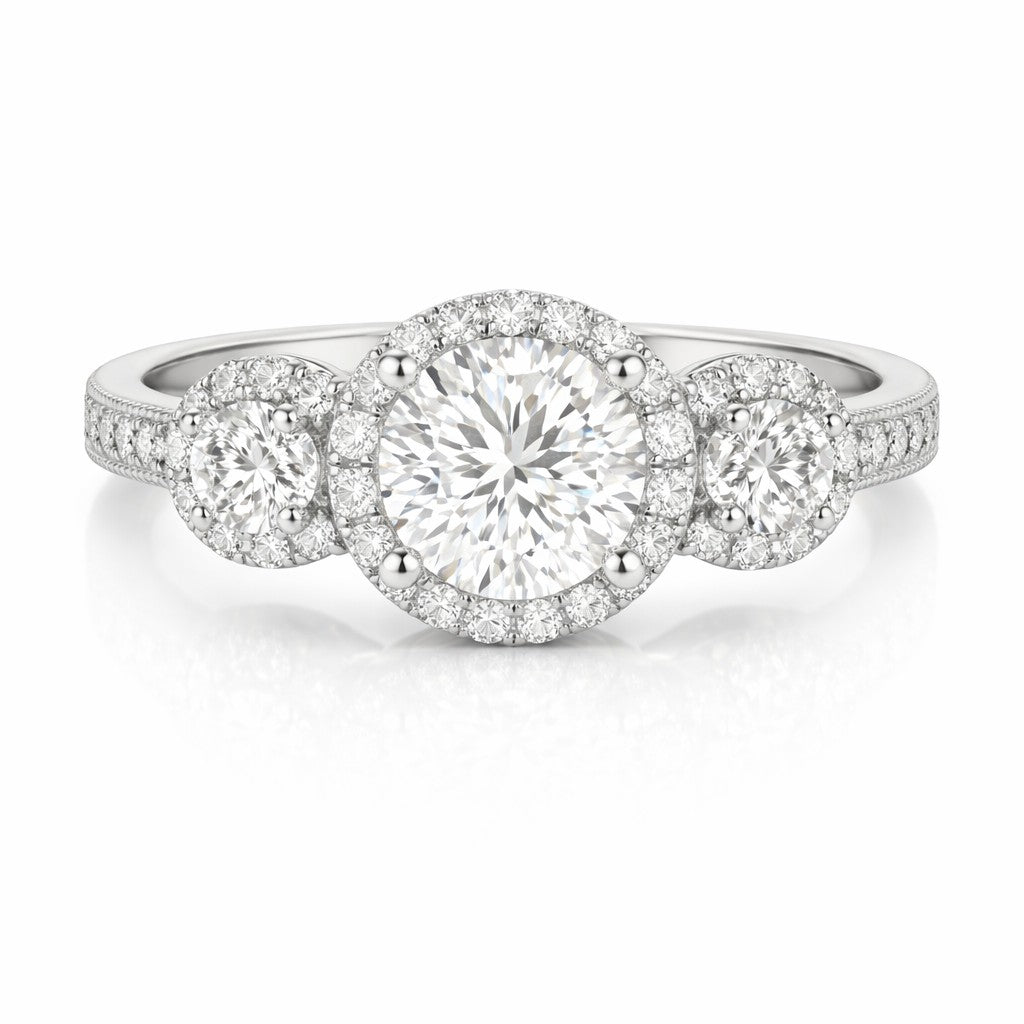 JeenMata 2.25 Carat Round Brilliant Cut Moissanite - Three Stone Engagement Rings in 18K White Gold Plating for Women
