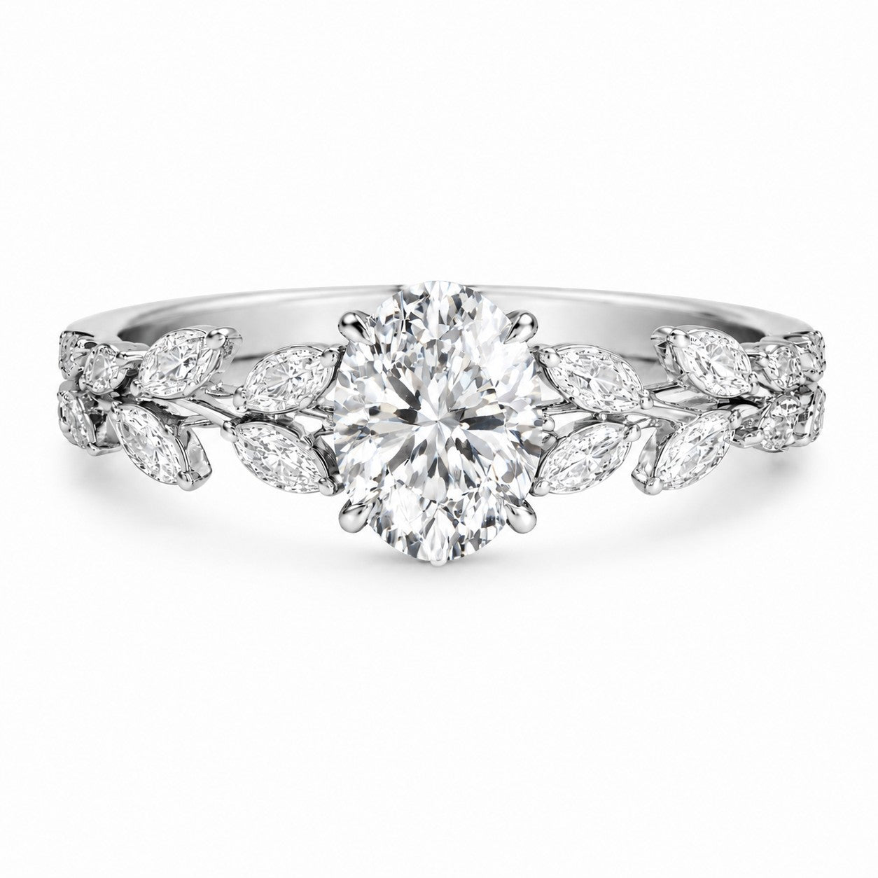 JeenMata 3.25 Carat Oval Cut Moissanite Vintage Style Leaf Vine Engagement Ring in 18K White Gold Plated for Women
