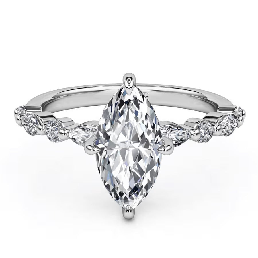 JeenMata 2.50 Carat Marquise Cut Moissanite Engagement Ring for Her, Solitaire Marquise Ring with Round & Marquise Side Stones in 18K White Gold Plating for Women