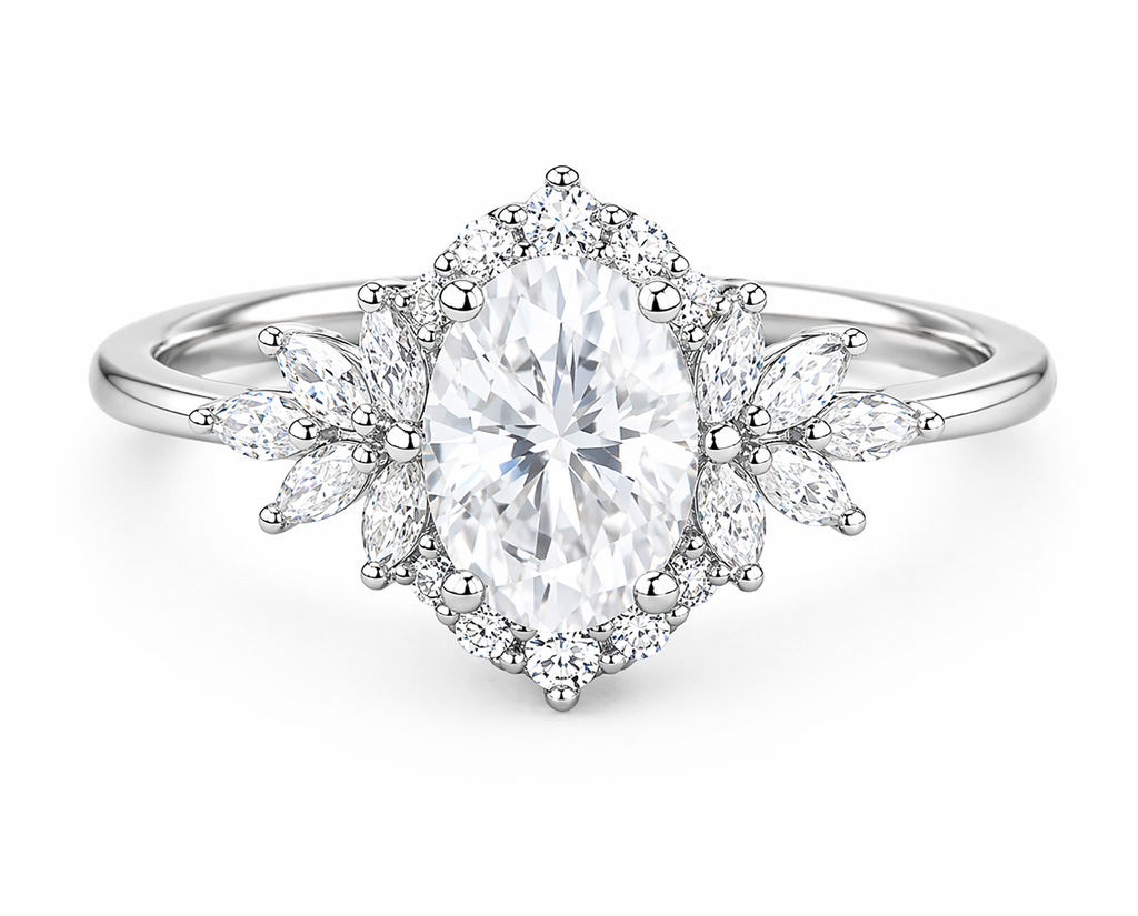 JeenMata 3 Carat Oval Cut Moissanite - Halo Engagement Ring in 18K White Gold Plating for Women