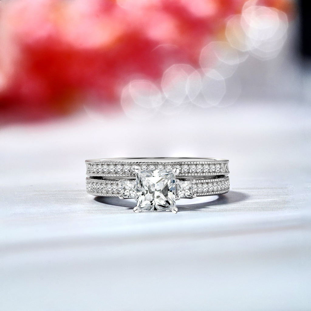 Beautiful 1.25 Carat Real Moissanite Wedding Ring Set in 18k White Gold Over Silver