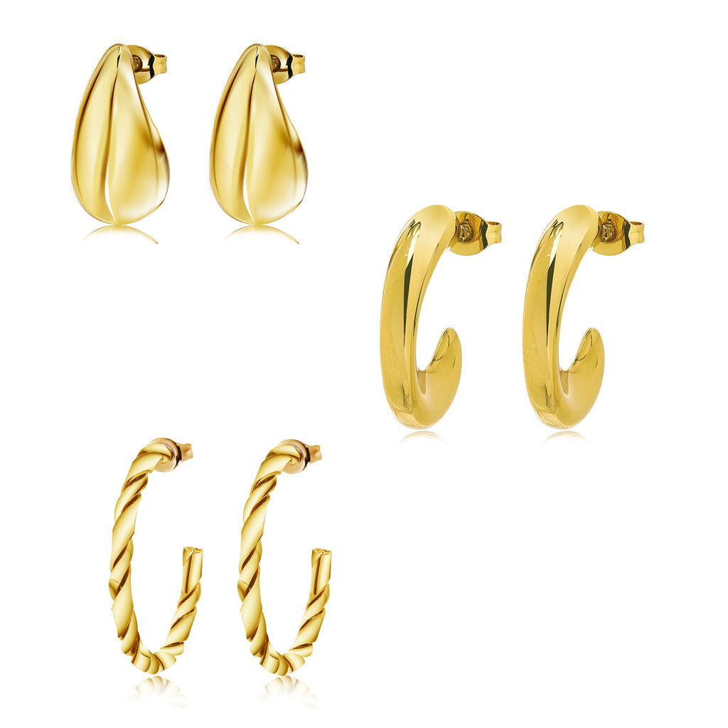 3 Pairs Multipack Everyday Women Earrings Gift Set in Yellow Gold Plating, Thick Open, Lightweight, Hoop Hypoallergenic Twisted Earrings for Women