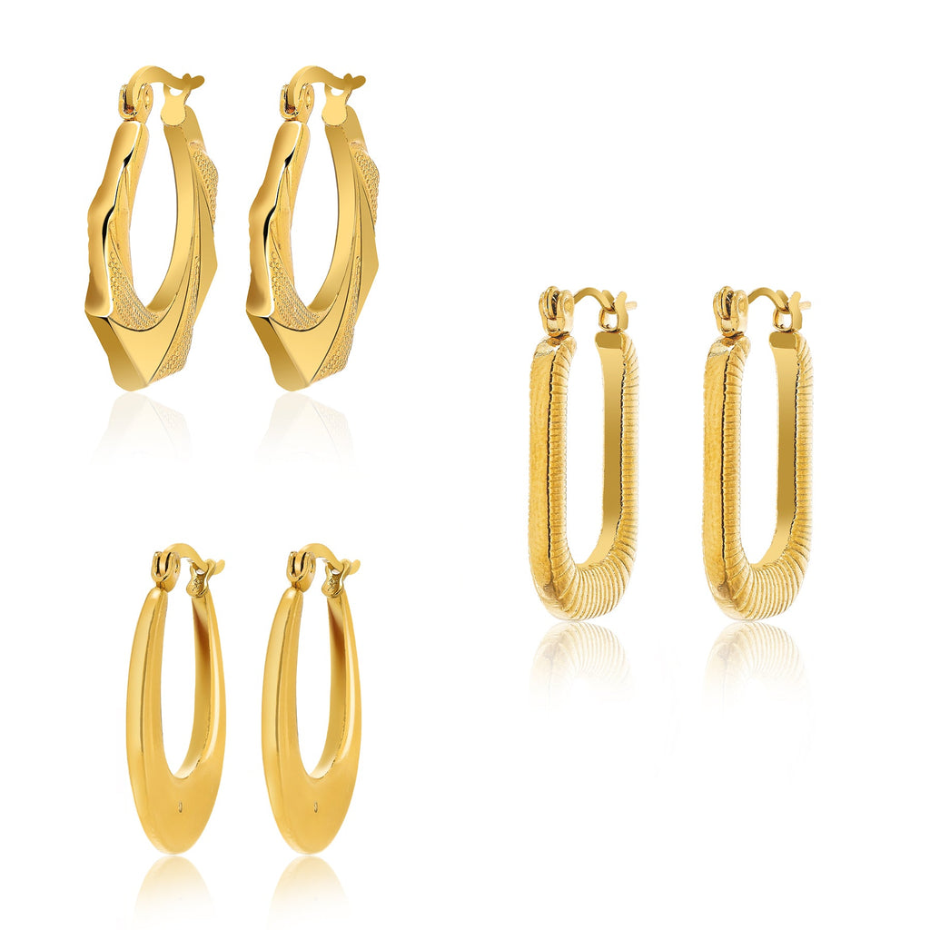 3 Pairs MultiPack Fashion Earrings Set in Yellow Gold Plating, Chunky, Twisted, Hoop Earrings, Paperclip, Drop Earrings, Jewelry Gift for Women