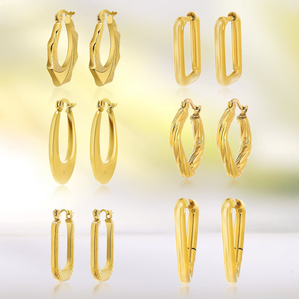 6 Pairs MultiPack Fashion Earrings Set in Yellow Gold Plating, Chunky, Twisted, Hoop Earrings, Paperclip, Drop Earrings, Jewelry Gift for Women