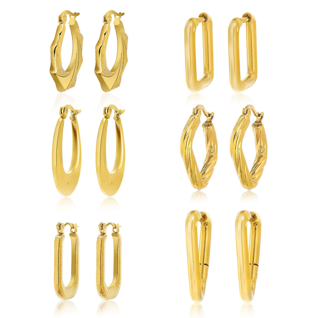 6 Pairs MultiPack Fashion Earrings Set in Yellow Gold Plating, Chunky, Twisted, Hoop Earrings, Paperclip, Drop Earrings, Jewelry Gift for Women