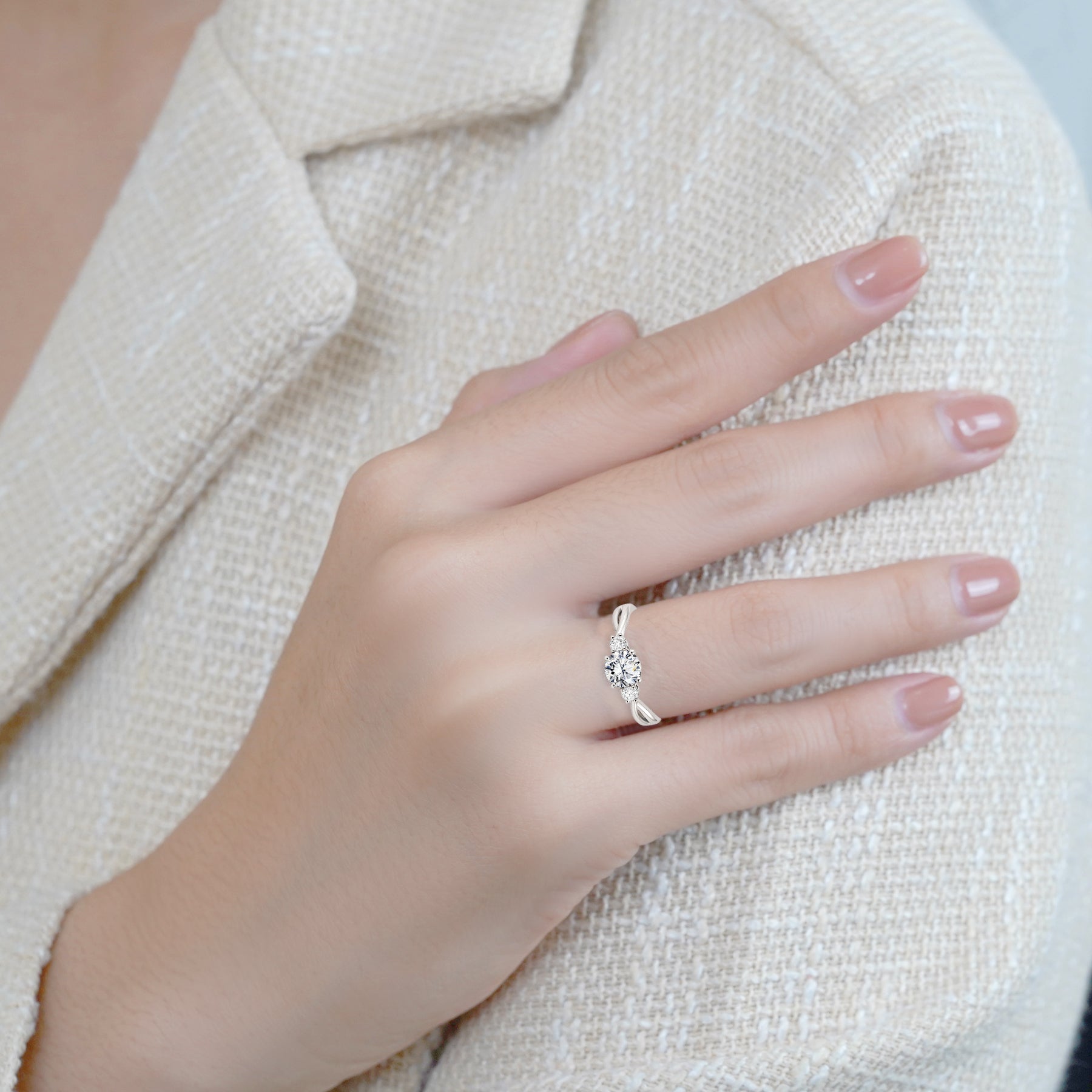 Three-Stone 1.10 Ct Round Moissanite Twisted Engagement Ring