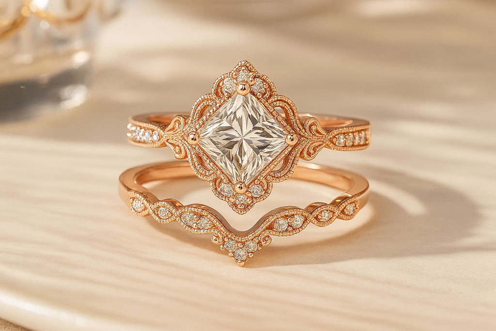 1.35 Ct Princess Cut Moissanite Vintage Bridal Set