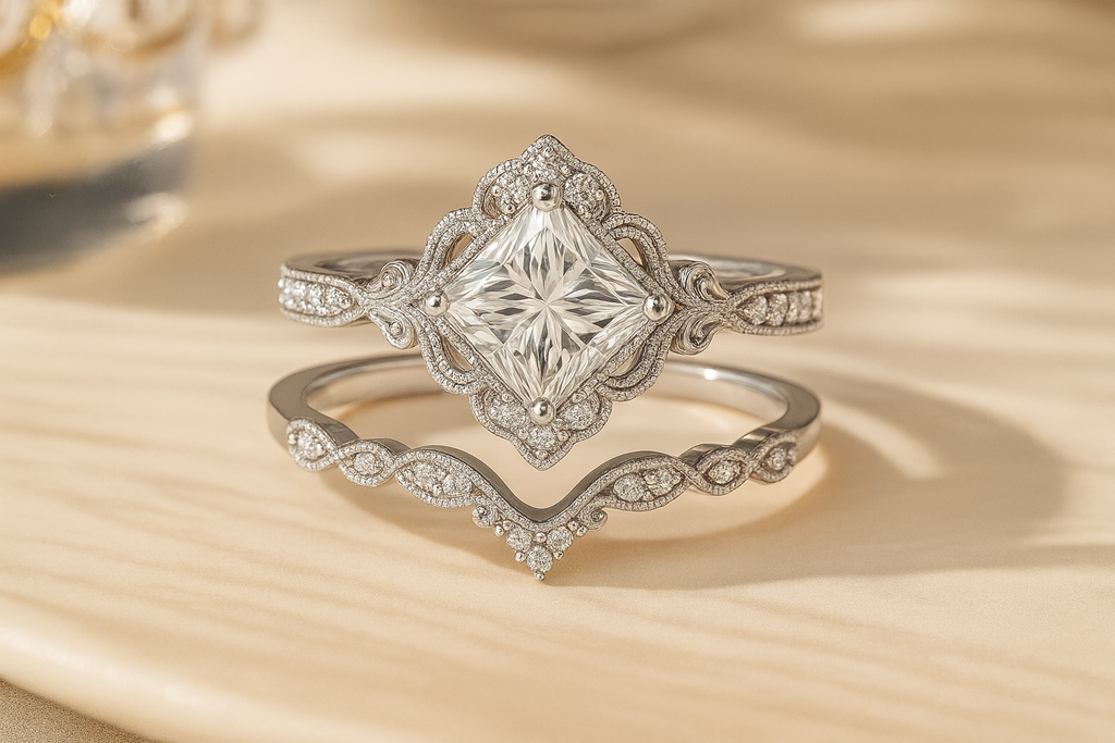 1.35 Ct Princess Cut Moissanite Vintage Bridal Set