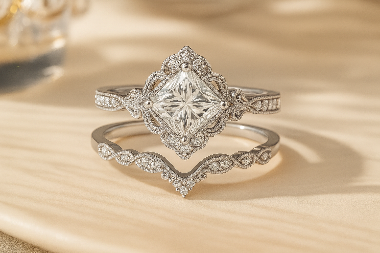 1.35 Ct Princess Cut Moissanite Vintage Bridal Set