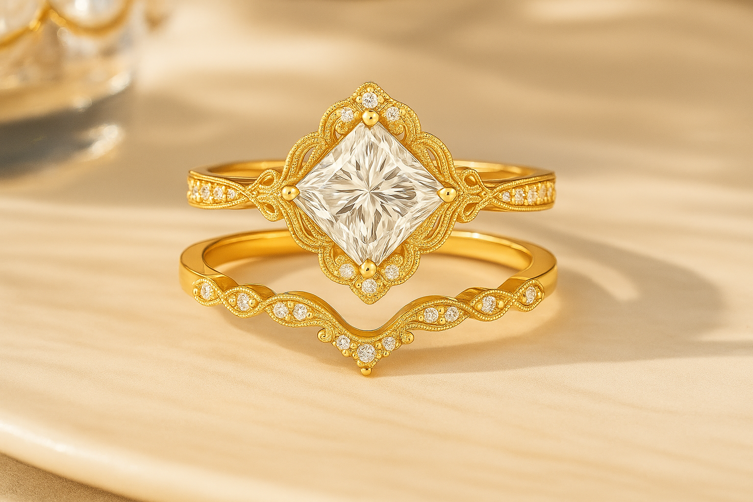 1.35 Ct Princess Cut Moissanite Vintage Bridal Set