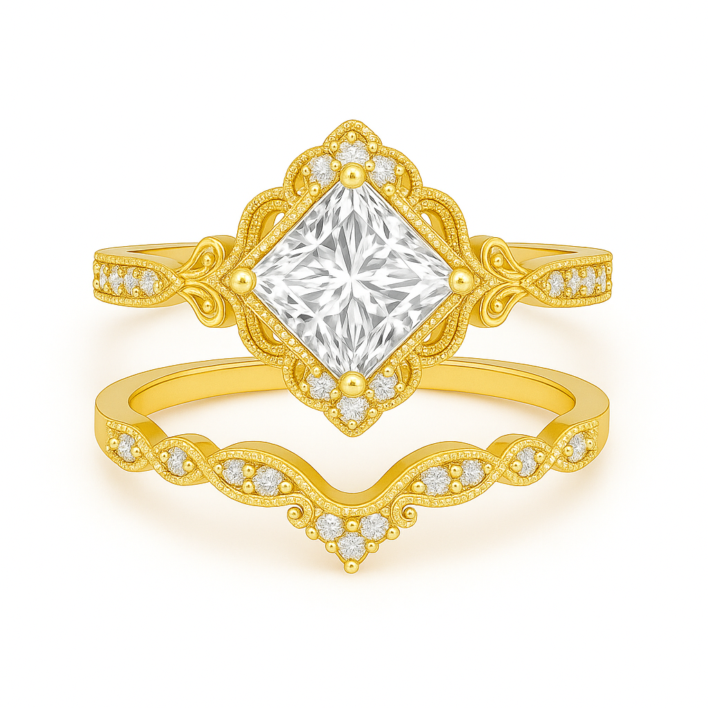 1.35 Ct Princess Cut Moissanite Vintage Bridal Set