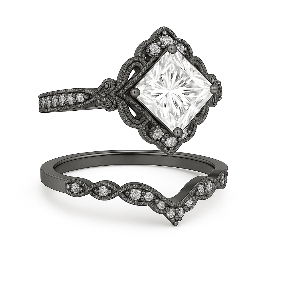 1.35 Ct Princess Cut Moissanite Vintage Bridal Set