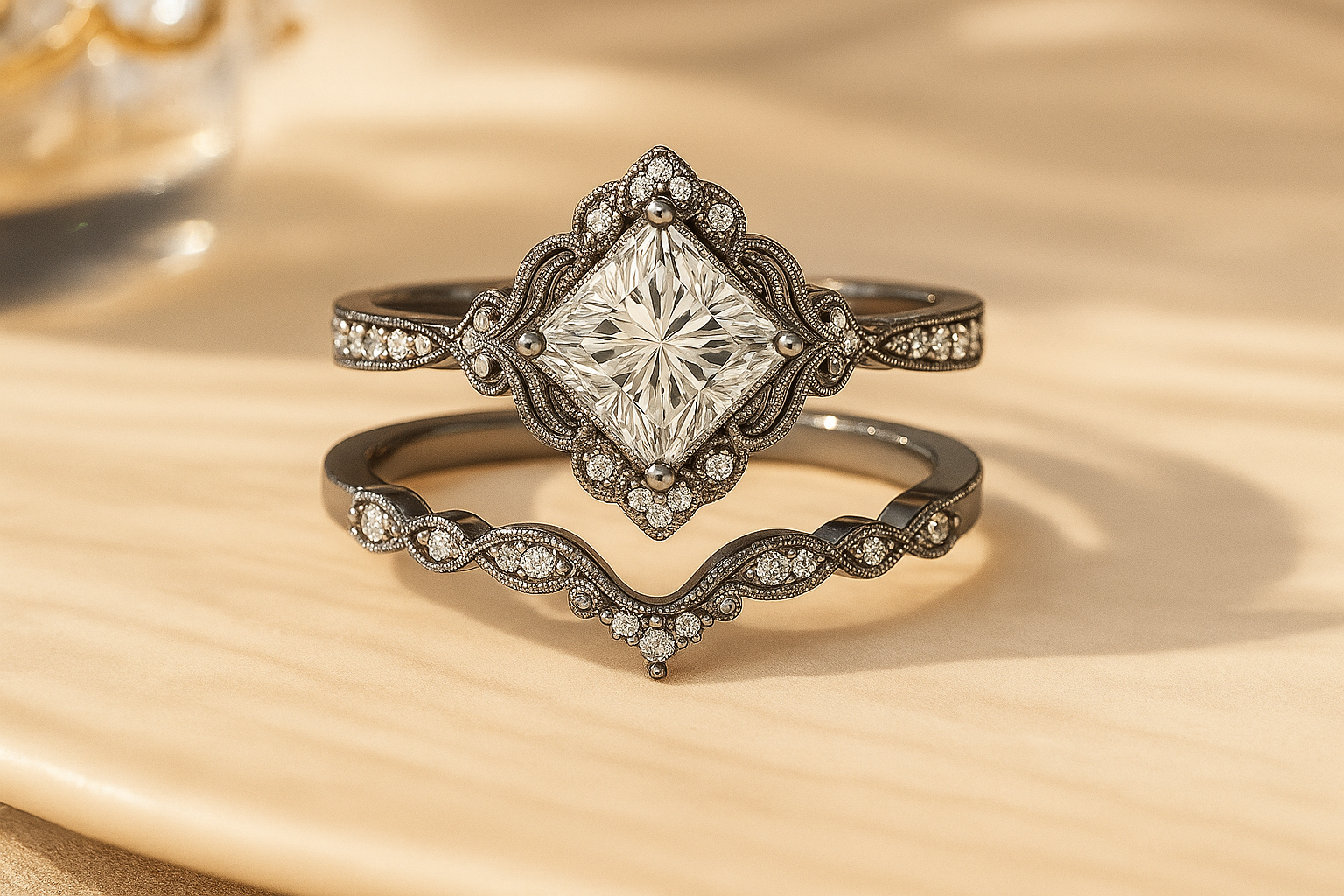 1.35 Ct Princess Cut Moissanite Vintage Bridal Set