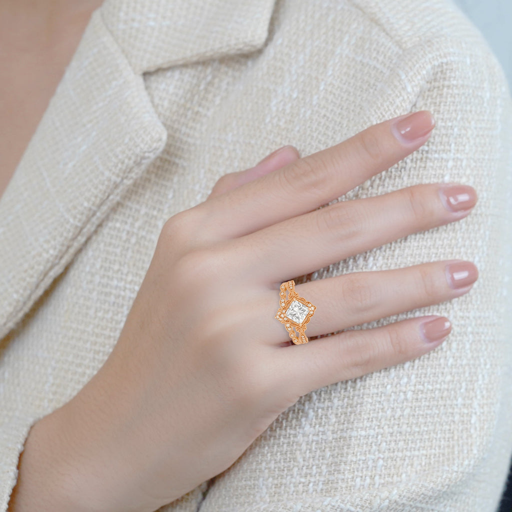 1.35 Ct Princess Cut Moissanite Vintage Bridal Set