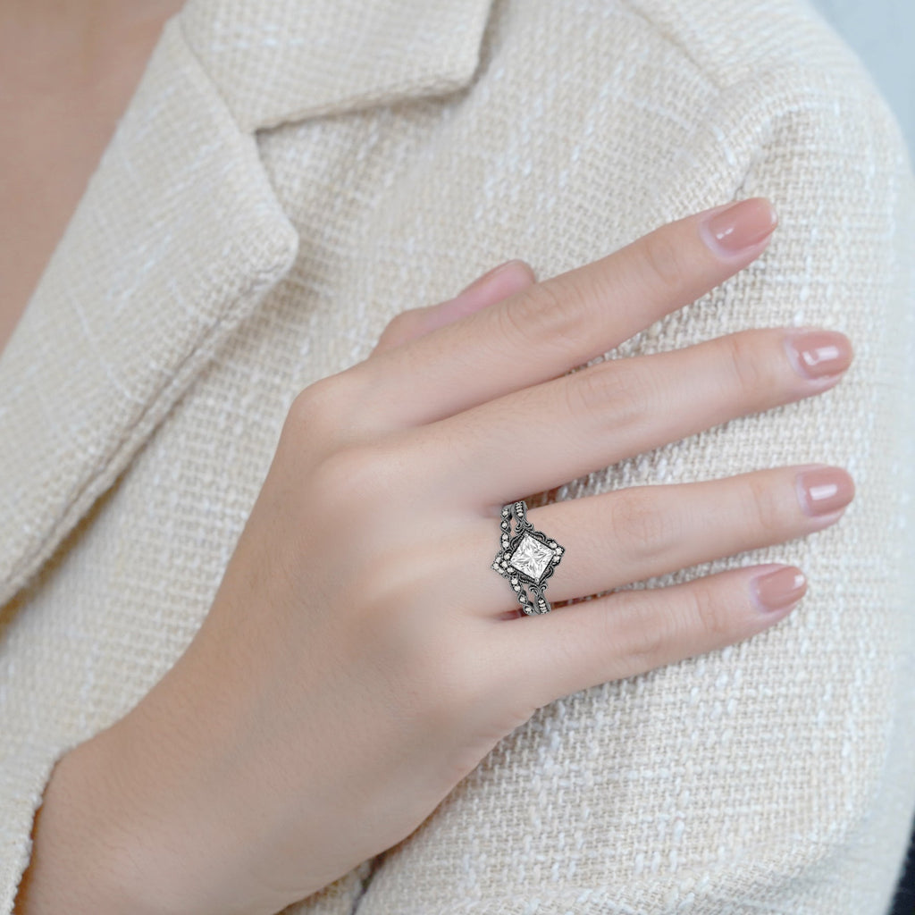 1.35 Ct Princess Cut Moissanite Vintage Bridal Set