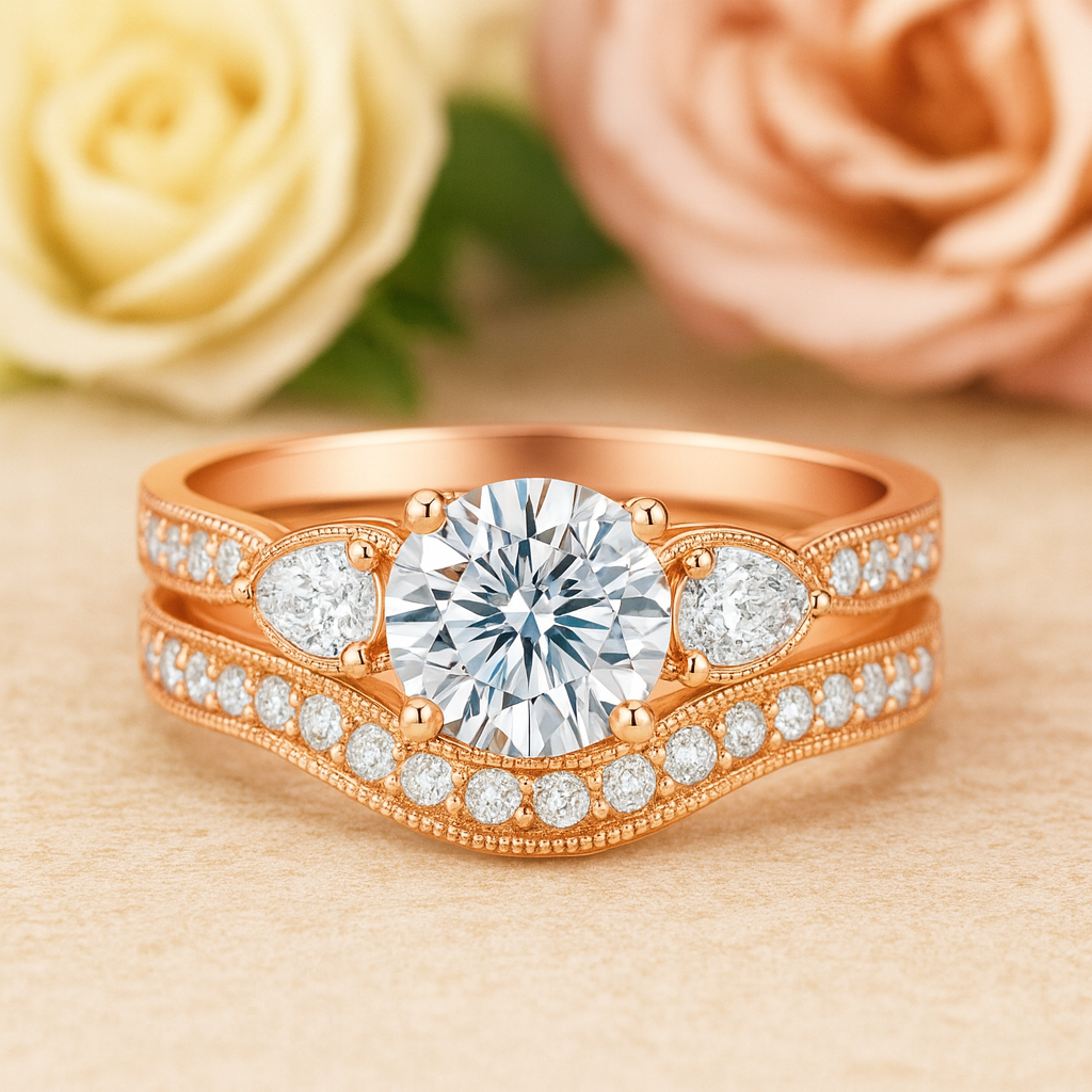 1.45 Ct Round Shape Moissanite Pave Bridal Set