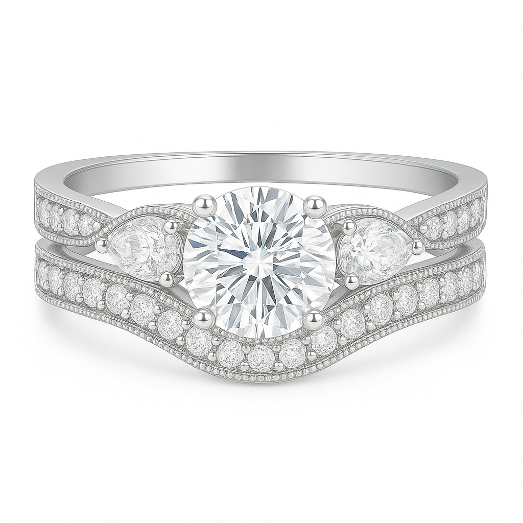 1.45 Ct Round Shape Moissanite Pave Bridal Set