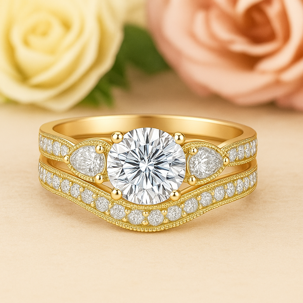 1.45 Ct Round Shape Moissanite Pave Bridal Set