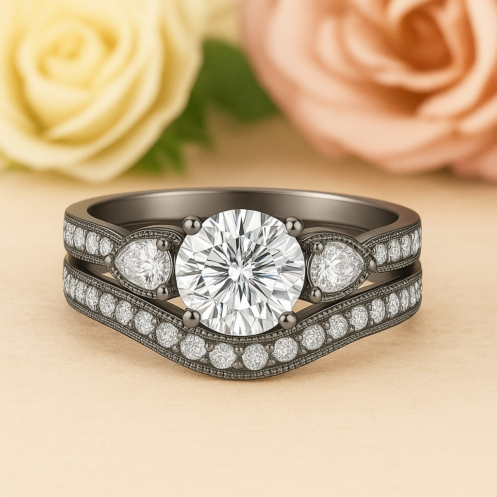 1.45 Ct Round Shape Moissanite Pave Bridal Set