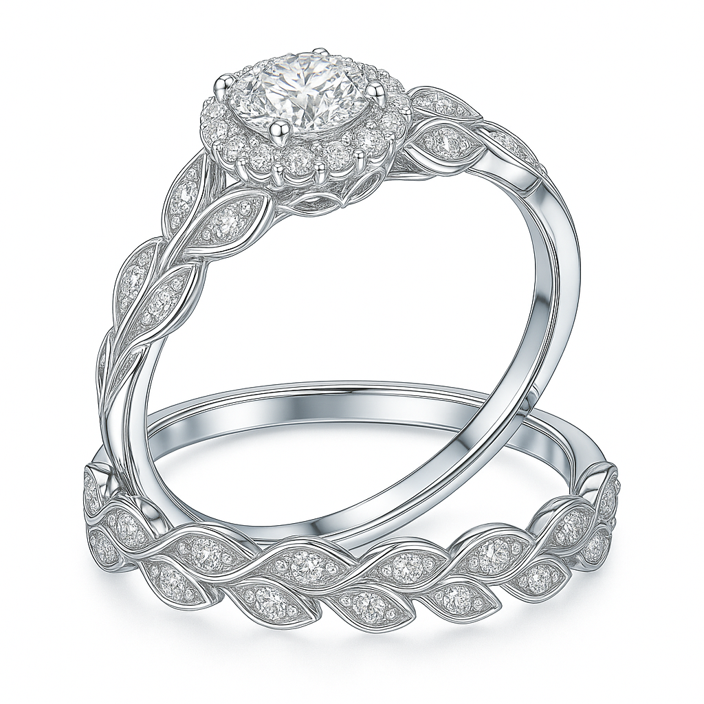 Vintage Leaf 1.60 Ct Round Moissanite Halo Bridal Set