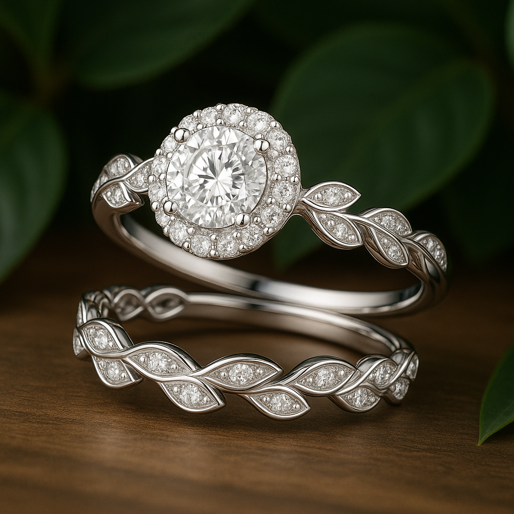 Vintage Leaf 1.60 Ct Round Moissanite Halo Bridal Set