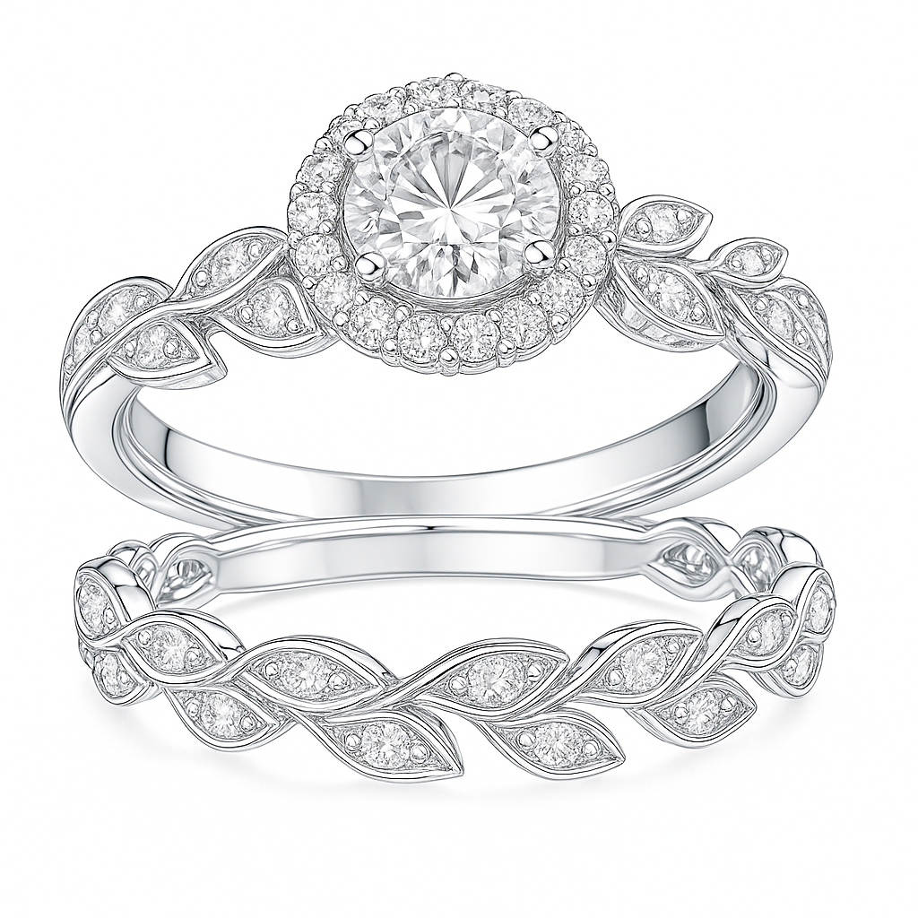 Vintage Leaf 1.60 Ct Round Moissanite Halo Bridal Set