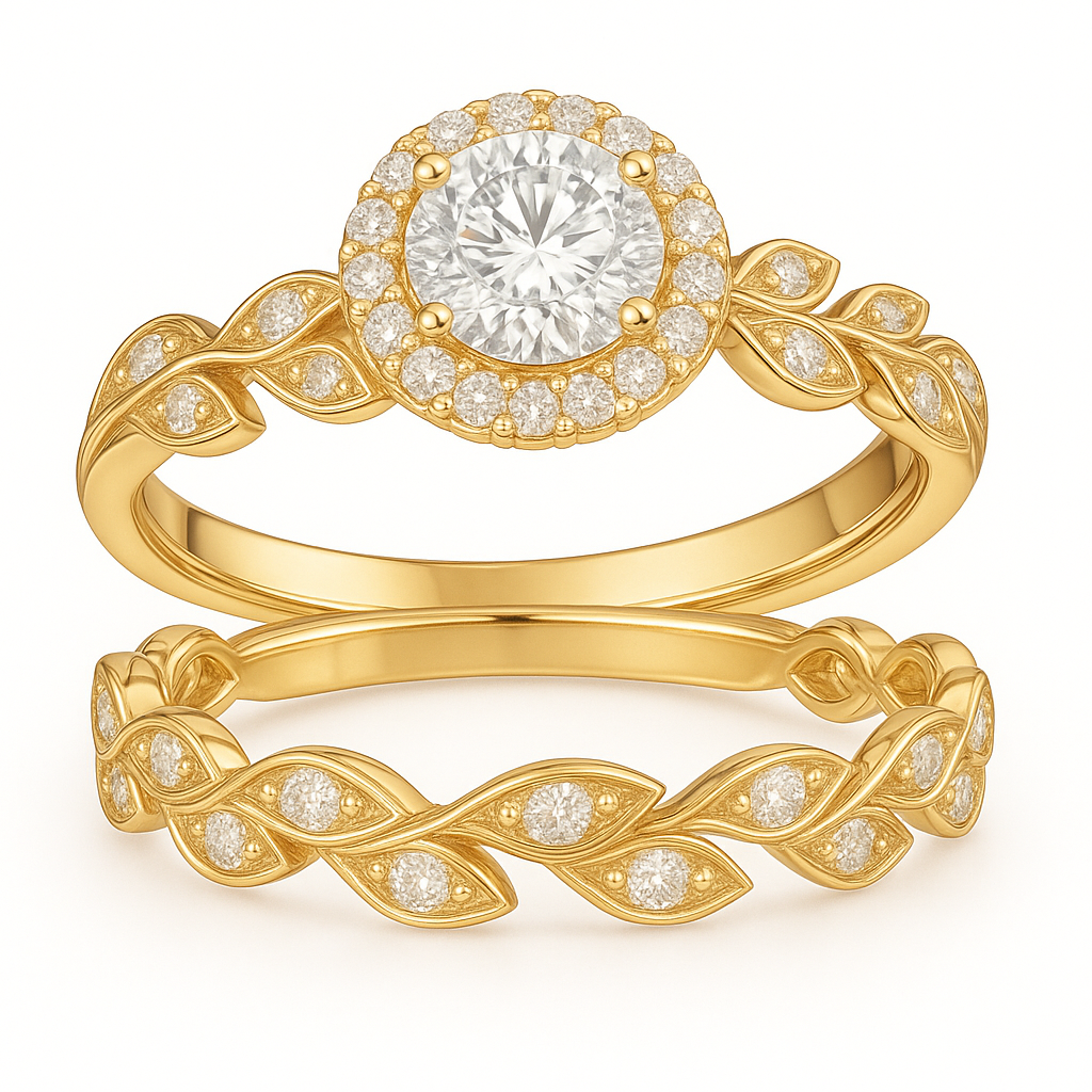 Vintage Leaf 1.60 Ct Round Moissanite Halo Bridal Set