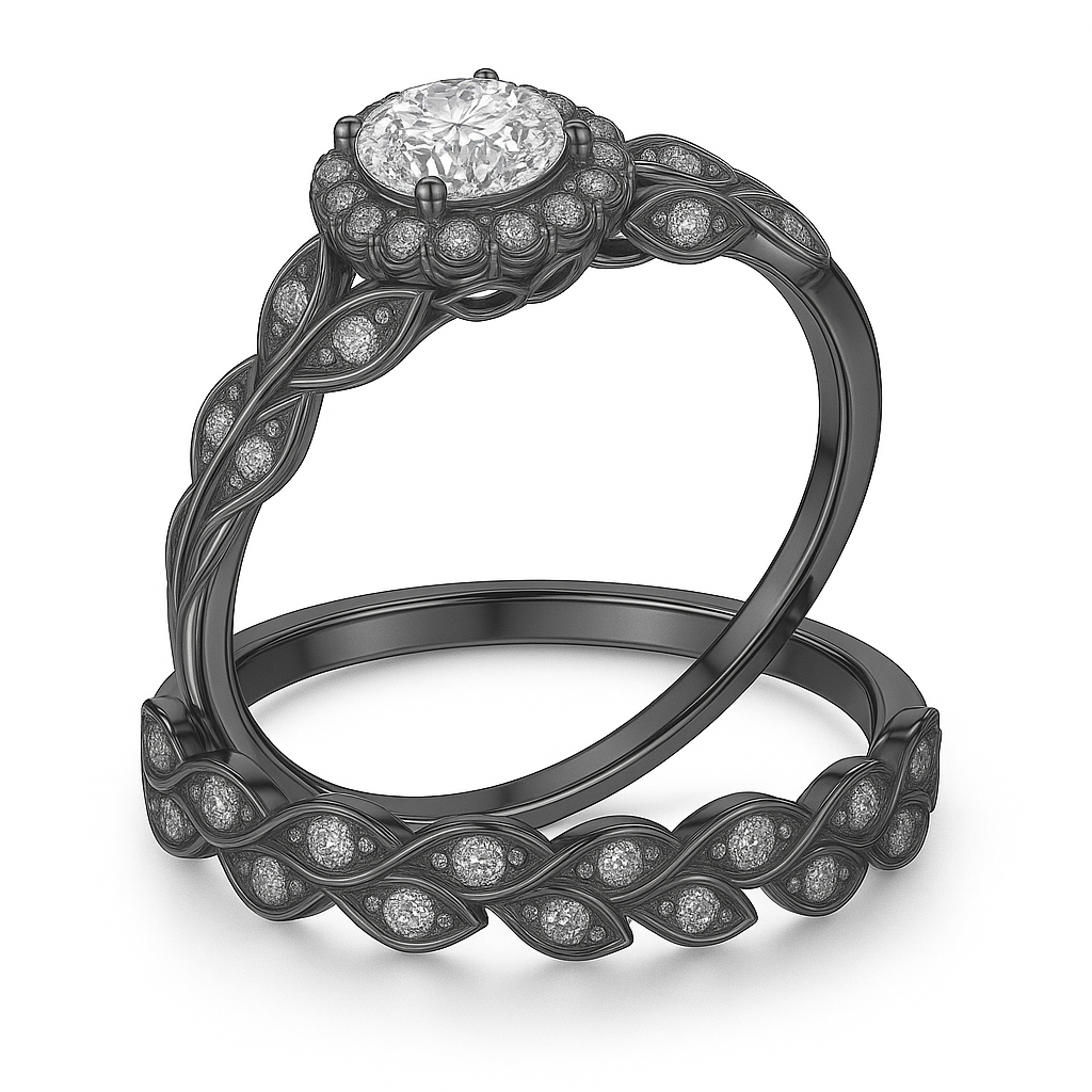 Vintage Leaf 1.60 Ct Round Moissanite Halo Bridal Set